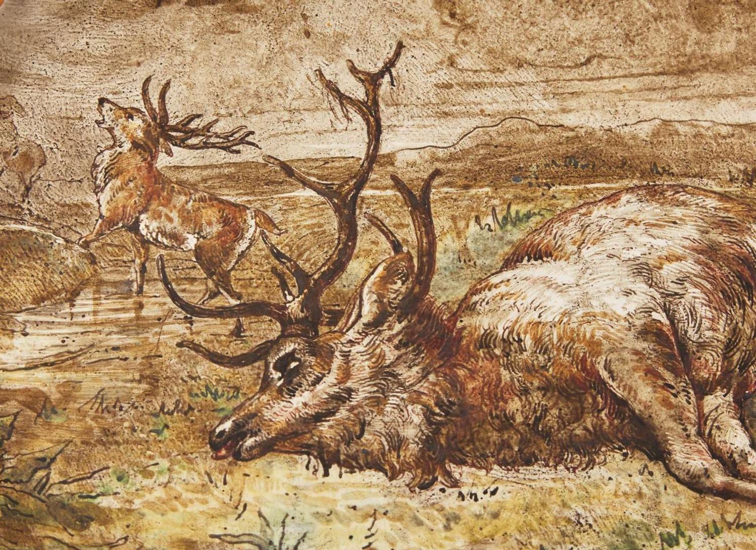 A Wedgwood Enamel Decorated Queensware Dish with Dying Stag, UK, late 19th century