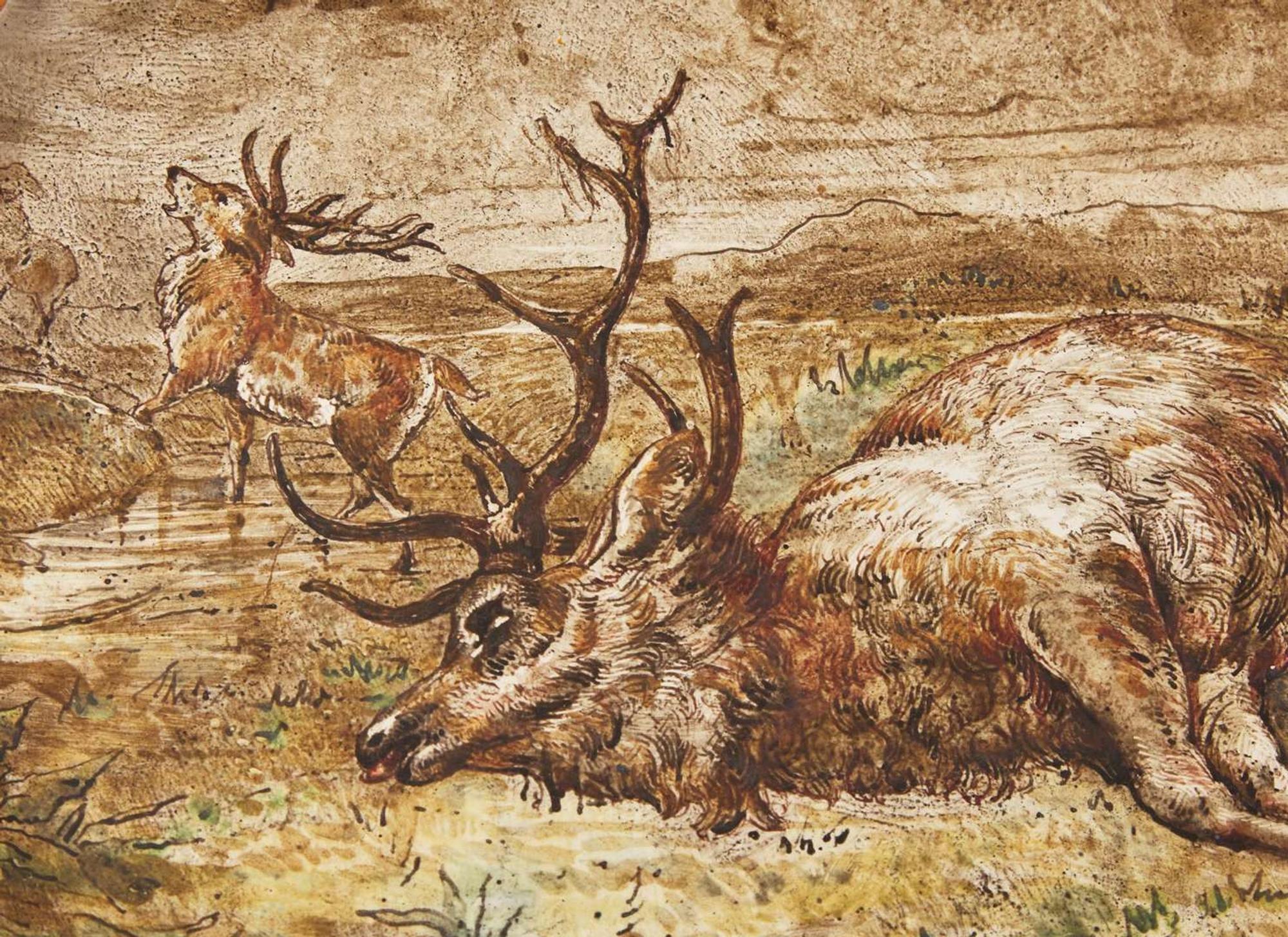 A Wedgwood Enamel Decorated Queensware Dish with Dying Stag, UK, late 19th century