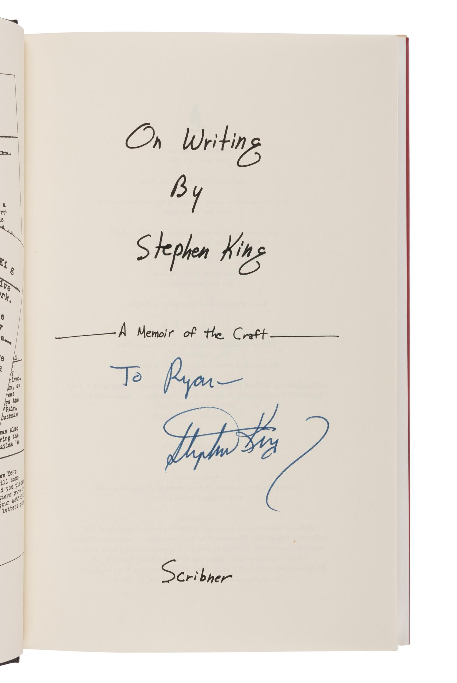 KING, Stephen (b. 1947). On Writing: A Memoir of the Craft. New York: Scribner, 2000.