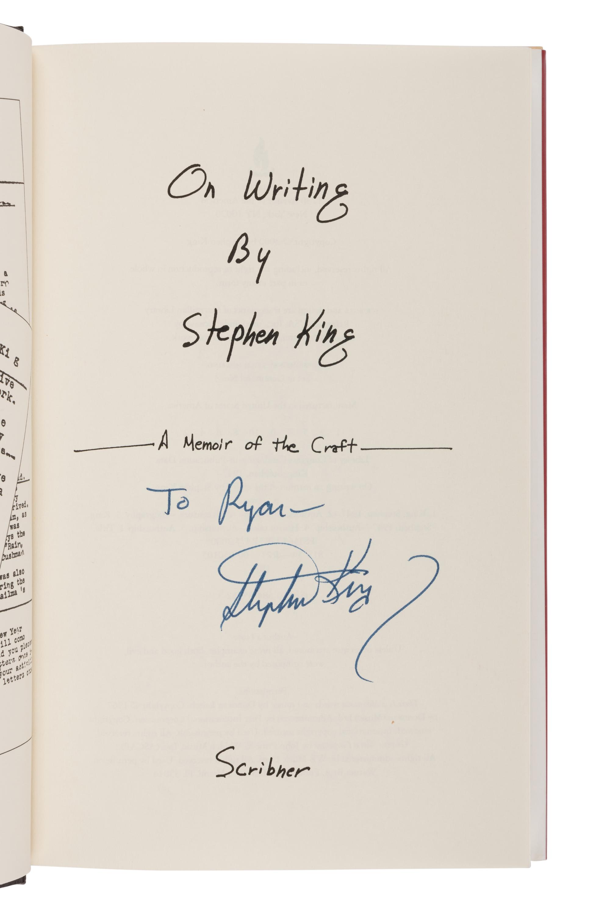 KING, Stephen (b. 1947). On Writing: A Memoir of the Craft. New York: Scribner, 2000.