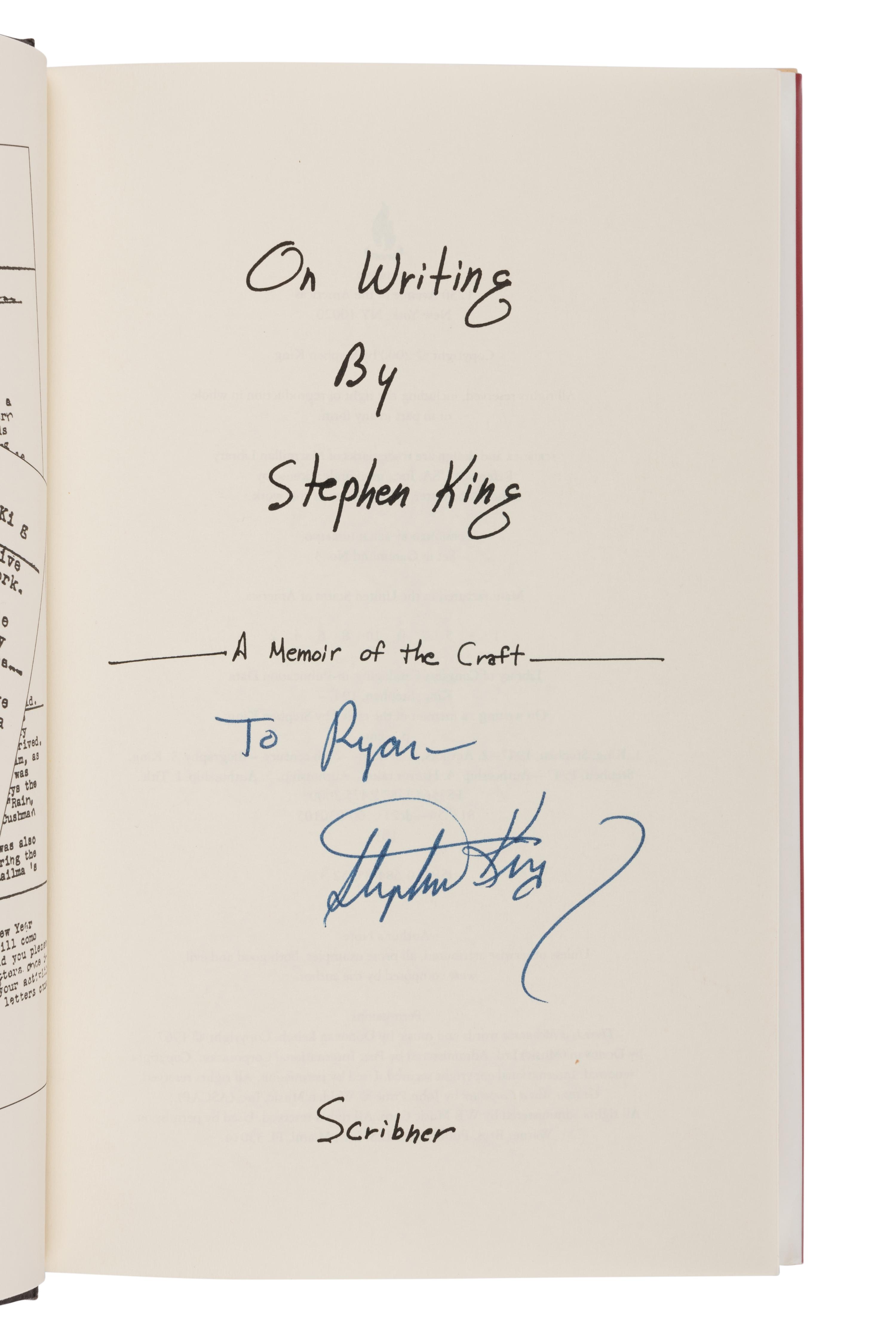 KING, Stephen (b. 1947). On Writing: A Memoir of the Craft. New York: Scribner, 2000.