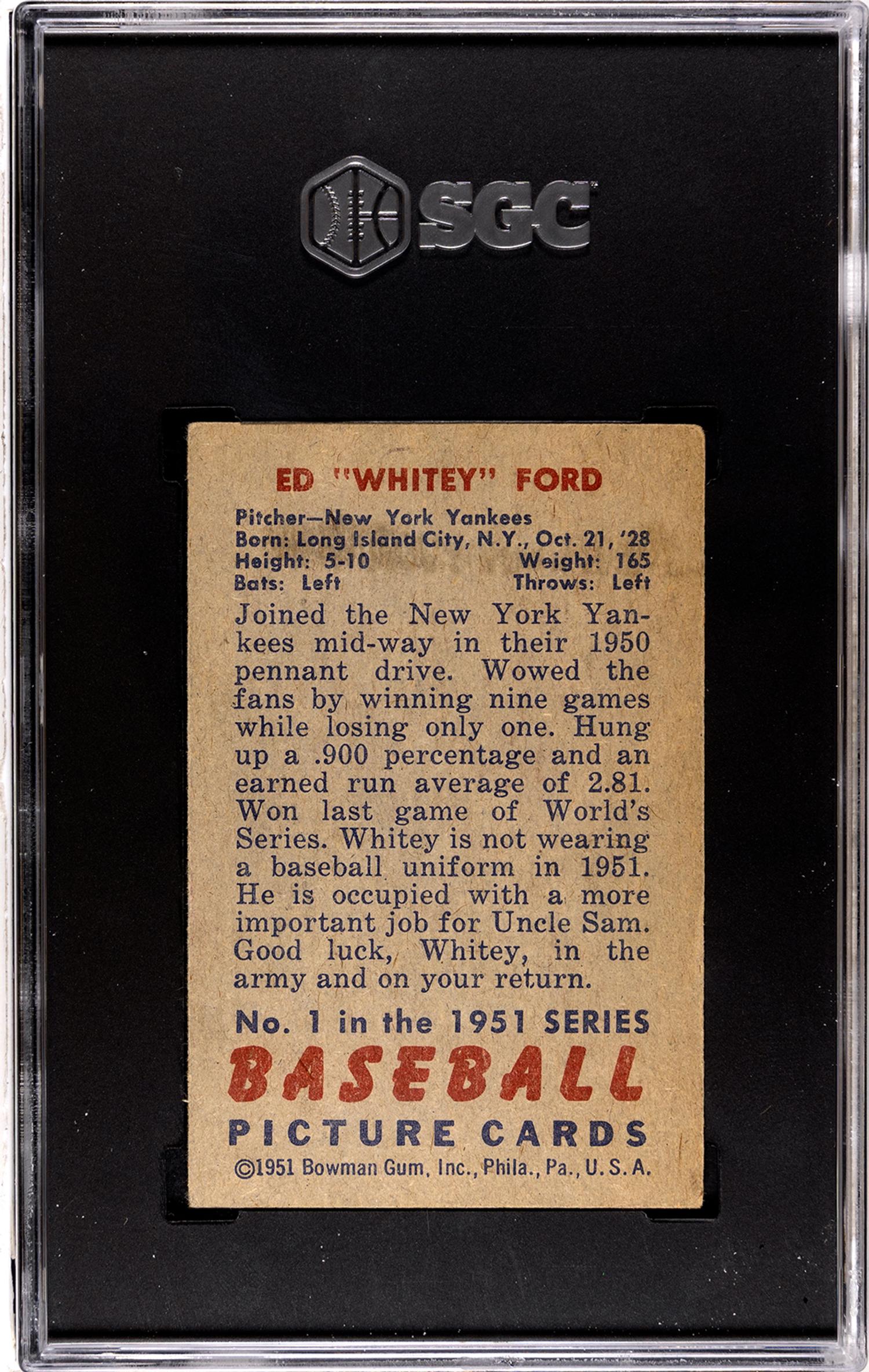 A 1951 Bowman Whitey Ford Rookie Baseball Card No. 1 (SGC 4.5 VG-EX+)
