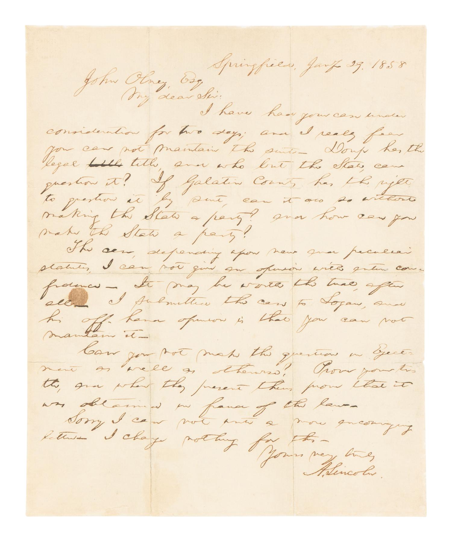 LINCOLN, Abraham (1809-1865). Autograph letter, signed ("A. Lincoln") to John Olney. Springfield, Illinois, 29 January 1858.