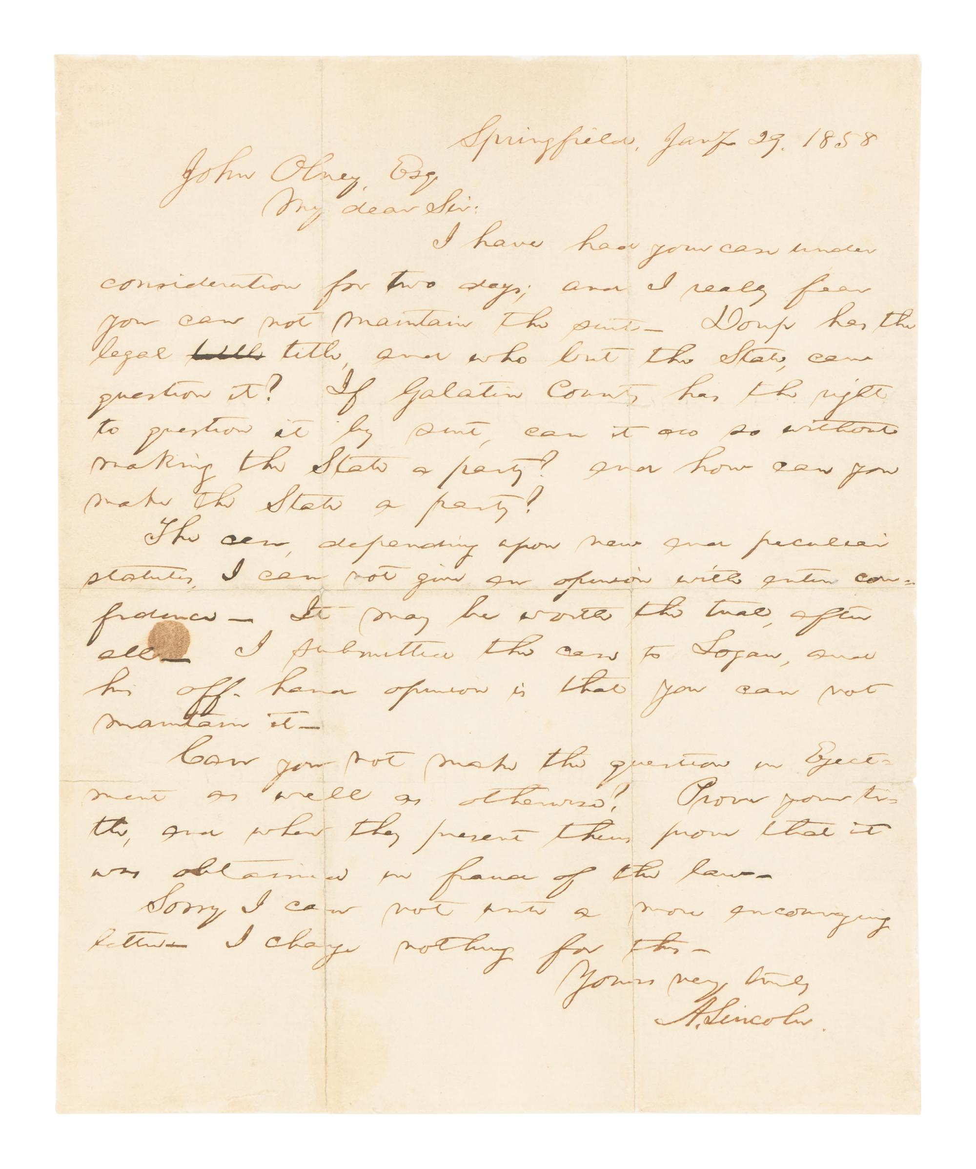 LINCOLN, Abraham (1809-1865). Autograph letter, signed ("A. Lincoln") to John Olney. Springfield, Illinois, 29 January 1858.