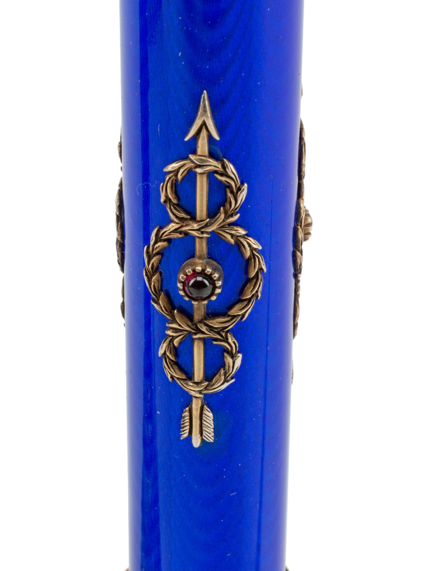 A Pair of Silver and Guilloché Enamel Candlesticks in a Fitted Case