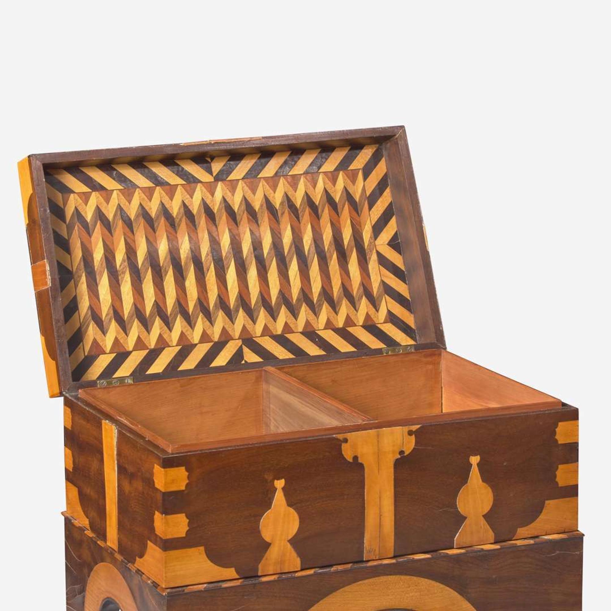 An Anglo-Indian inlaid mahogany, fruitwood, and ebony box-on-stand early 19th century