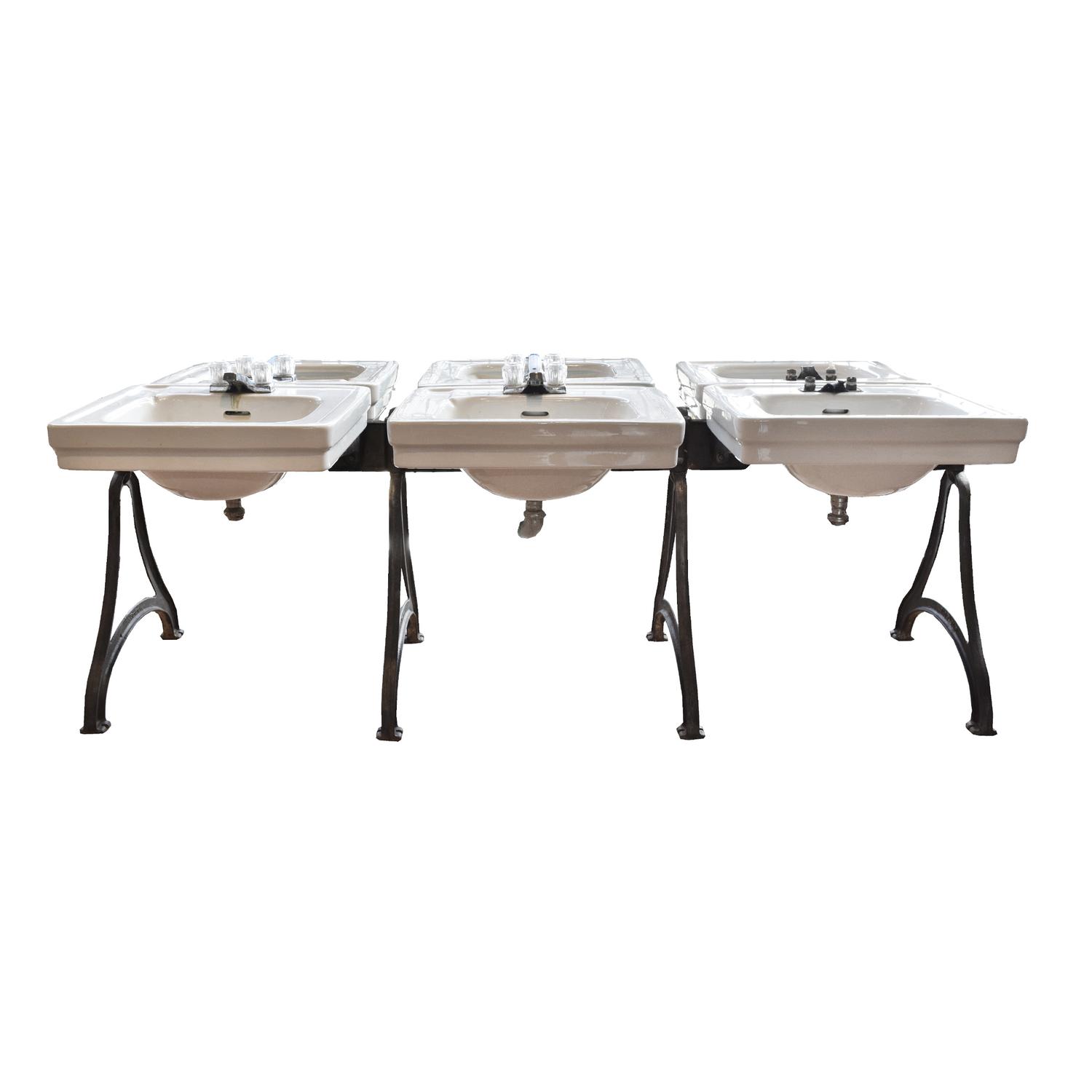 A Double-Sided Porcelain and Iron Six Basin Sink 41" W x 80" D x 31" H — United States, Circa 1930
