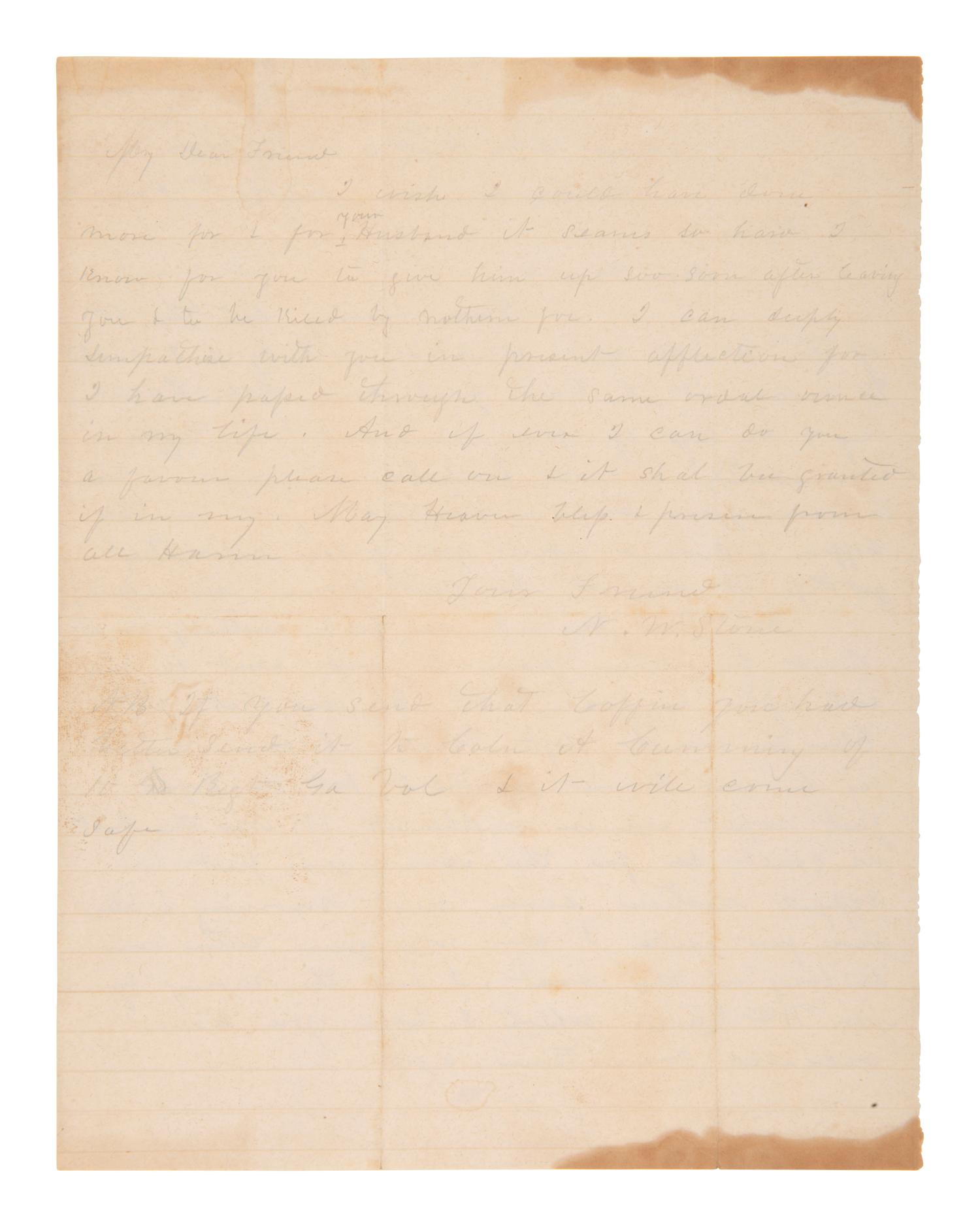 [CIVIL WAR]. Letter to wife of CSA soldier "kiled by northern foe," about his death & field burial.