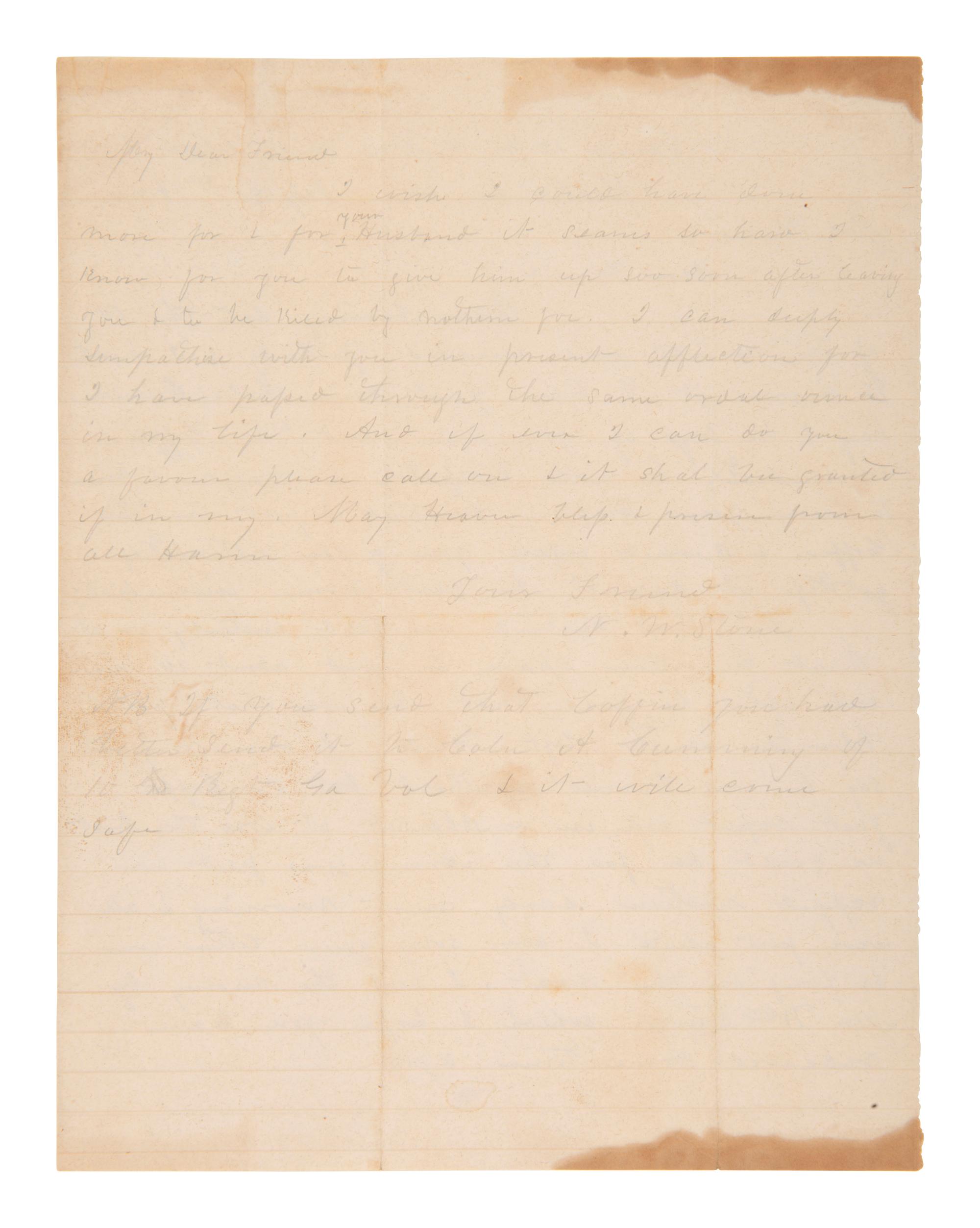 [CIVIL WAR]. Letter to wife of CSA soldier "kiled by northern foe," about his death & field burial.