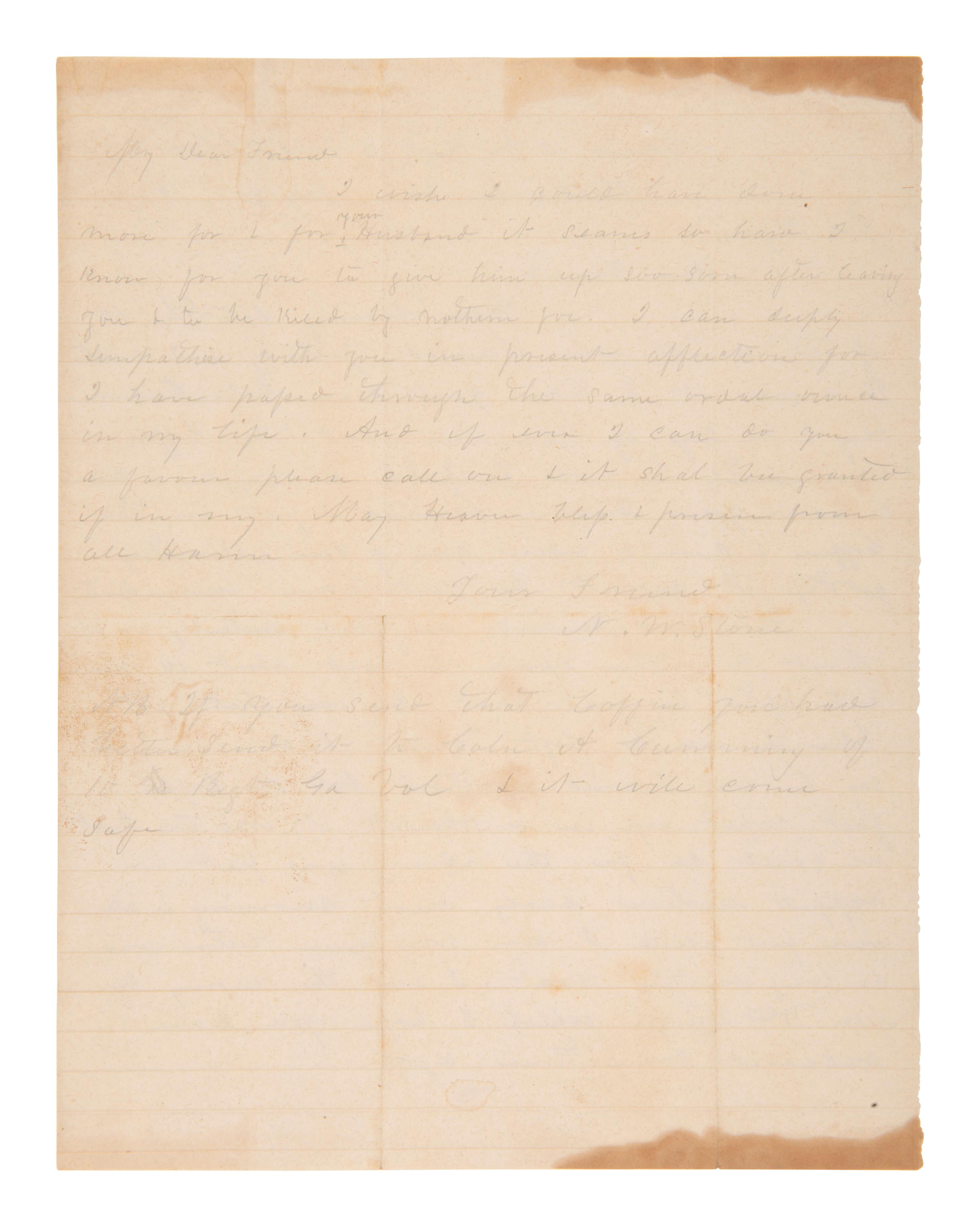 [CIVIL WAR]. Letter to wife of CSA soldier "kiled by northern foe," about his death & field burial.