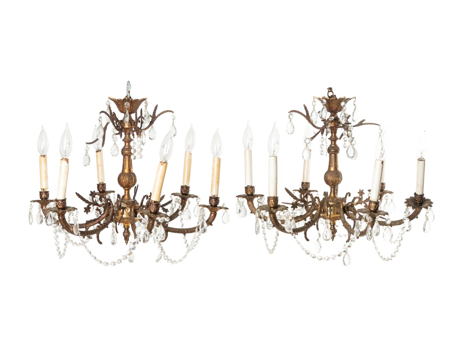 A Pair of French Gilt Metal Six-Light Chandeliers