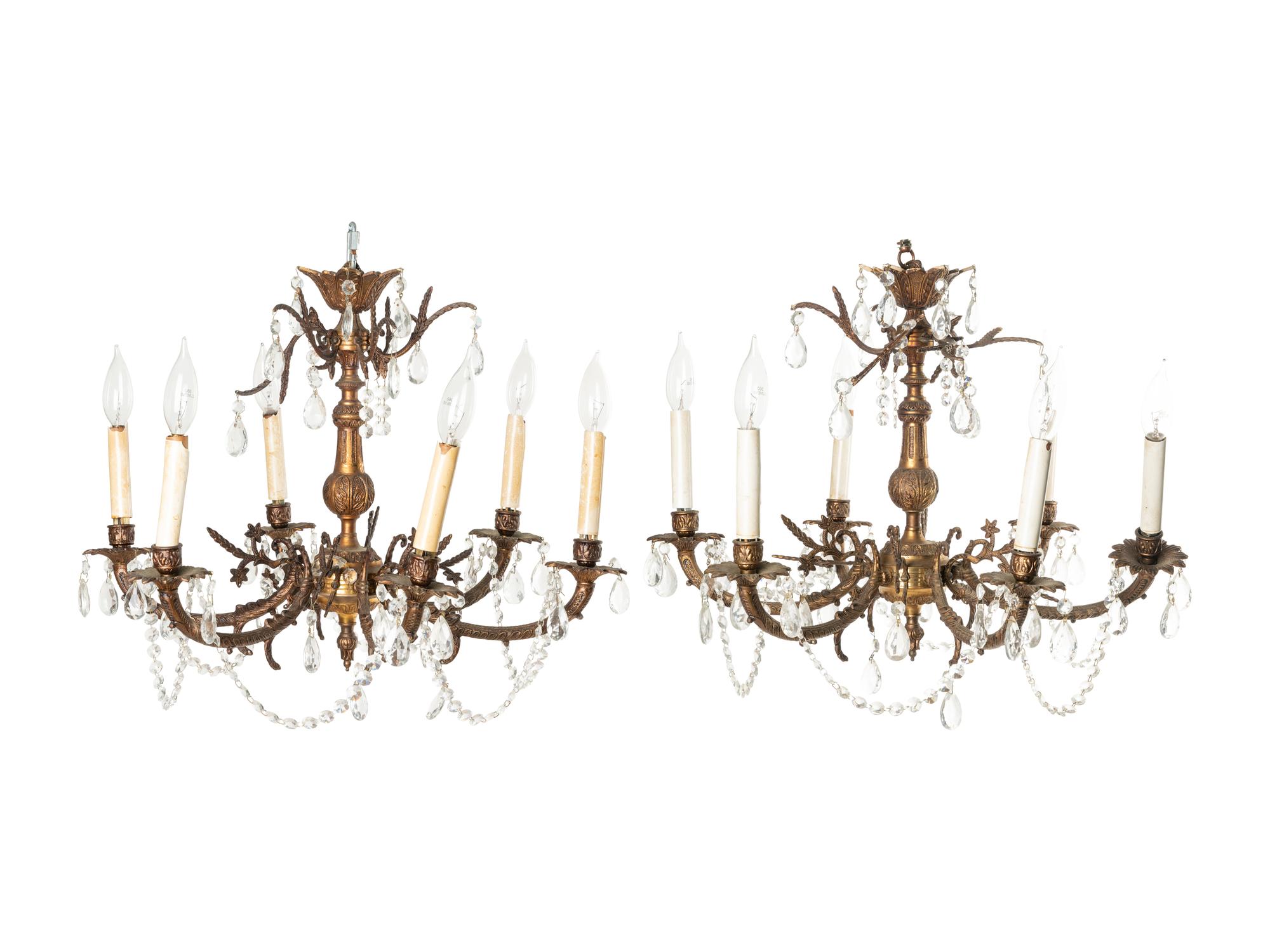 A Pair of French Gilt Metal Six-Light Chandeliers