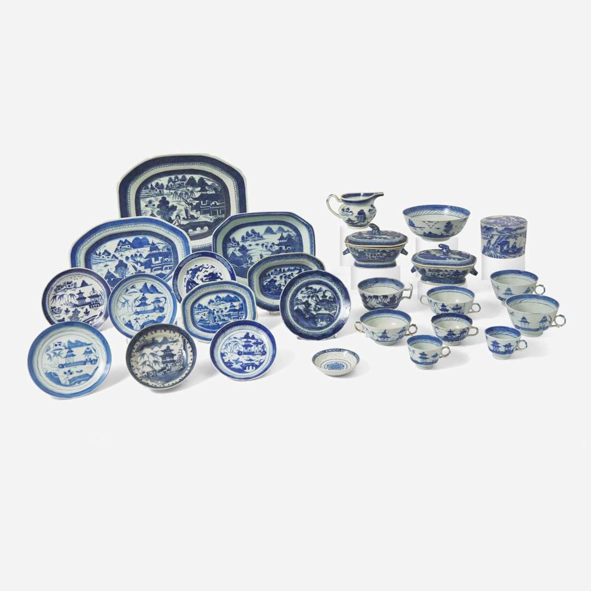 A collection of twenty-six Chinese Export porcelain Canton blue and white tablewares late 18th / 19th century