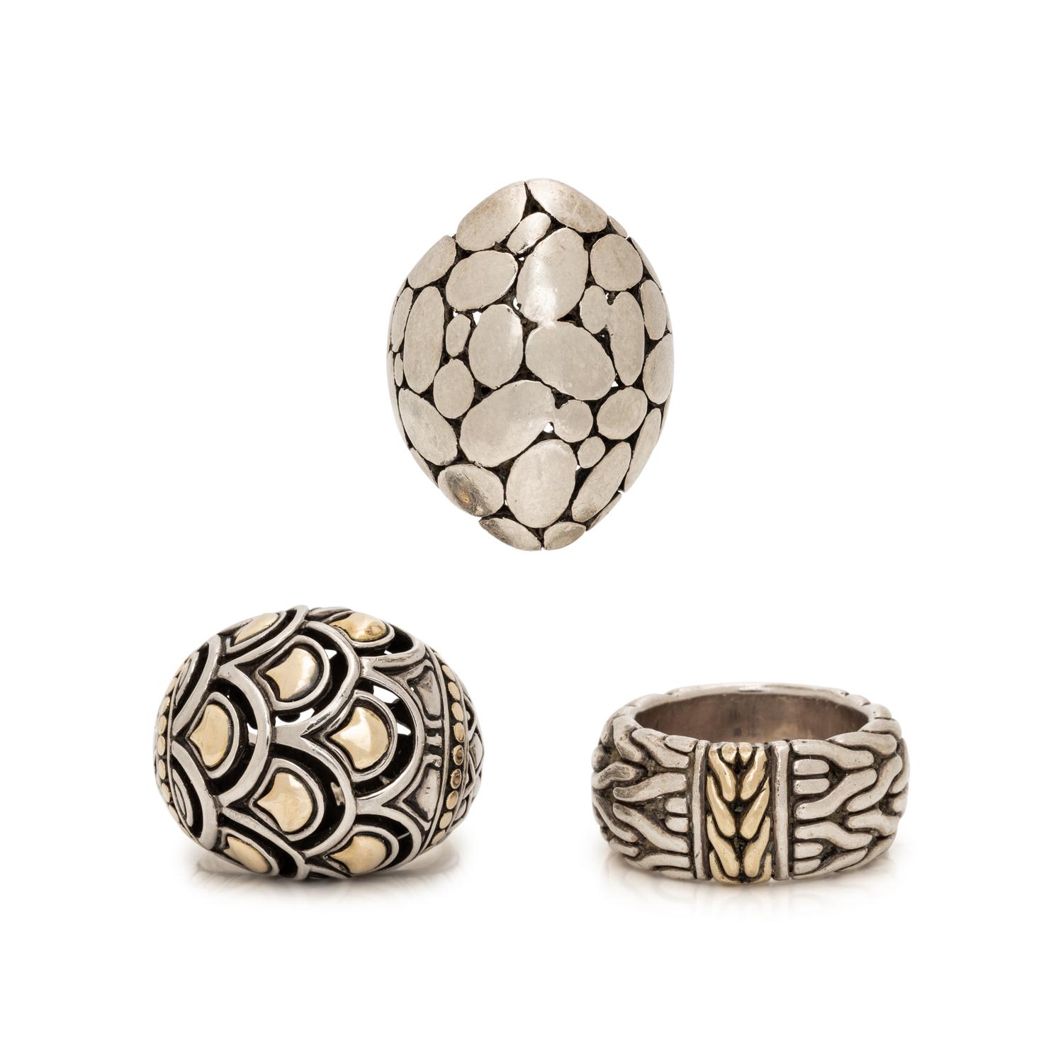 JOHN HARDY, STERLING SILVER AND YELLOW GOLD RINGS