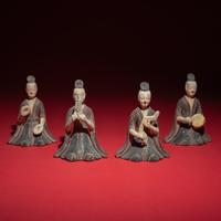 Four Chinese Painted Pottery Musicians, Northern Wei-Northern Qi Dynasty — 北魏晚期-北齊 灰陶彩繪伎樂俑一組四件