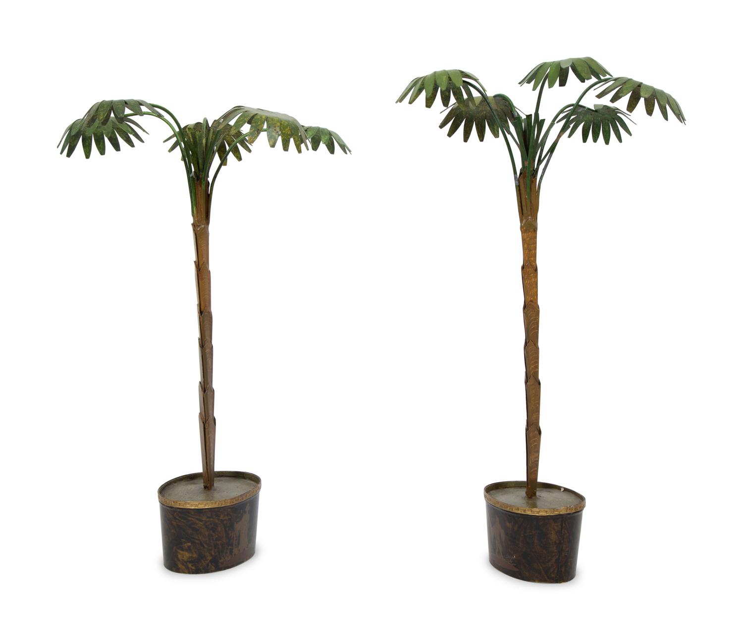 A Pair of Tôle Peinte Palm Trees in Black and Gilt Chinoiserie Jardinieres