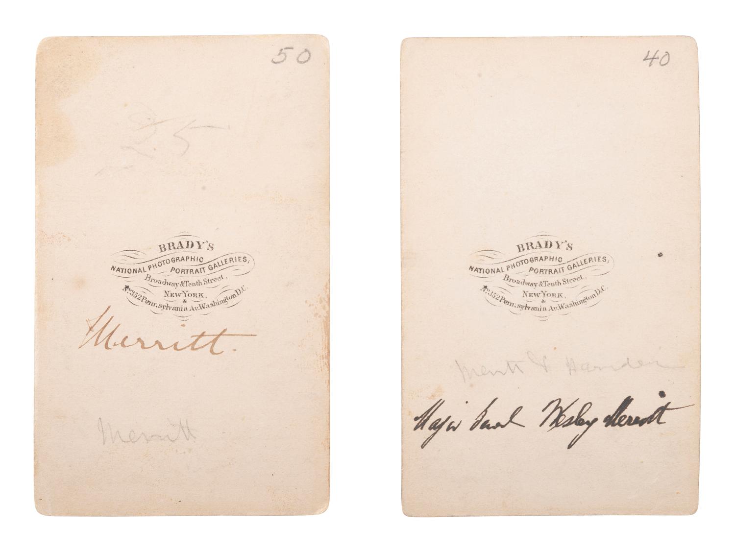 [CIVIL WAR - CAVALRY]. BRADY, Mathew (1822-1896), photographer. A group of 2 CDVs of General Wesley Merritt. Washington, DC.