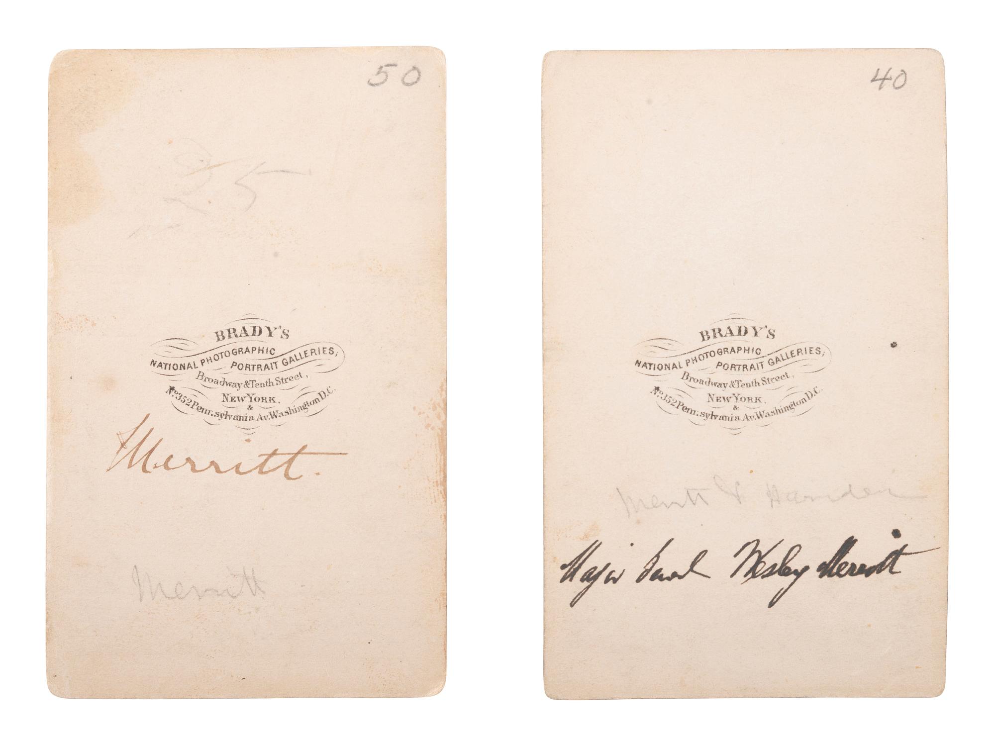 [CIVIL WAR - CAVALRY]. BRADY, Mathew (1822-1896), photographer. A group of 2 CDVs of General Wesley Merritt. Washington, DC.