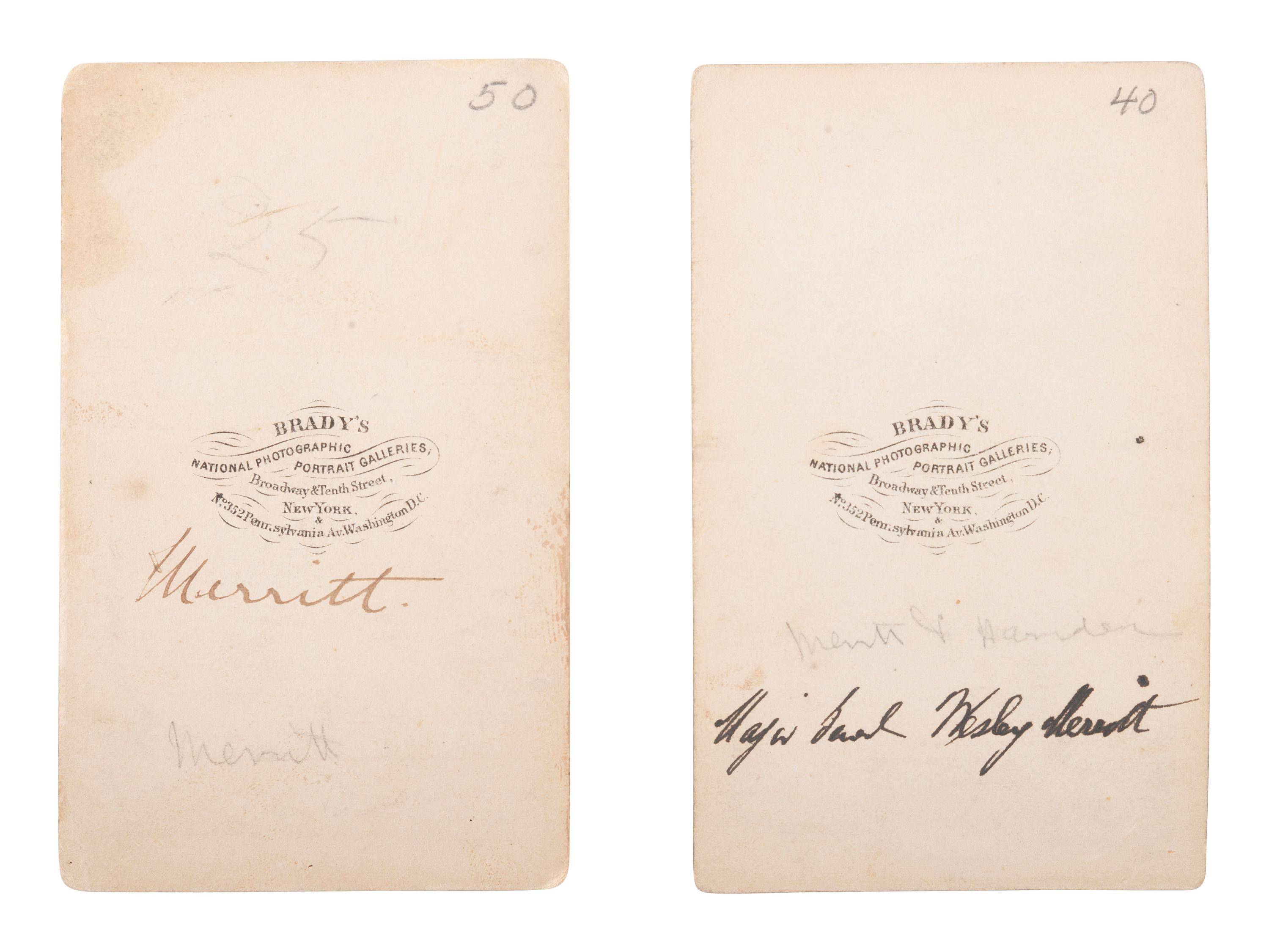 [CIVIL WAR - CAVALRY]. BRADY, Mathew (1822-1896), photographer. A group of 2 CDVs of General Wesley Merritt. Washington, DC.