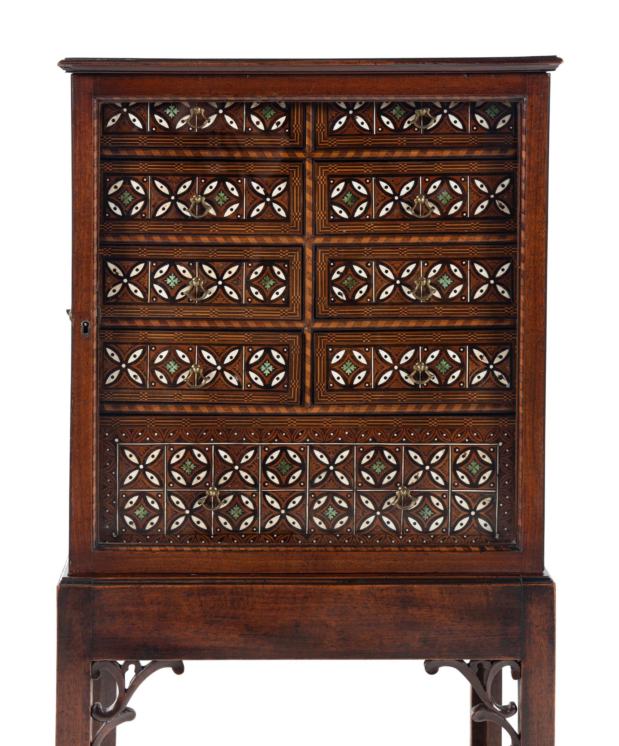An English Various Woods and Ivory-Inlaid Collector's Case on Stand
