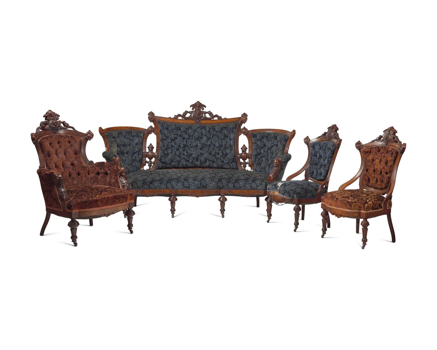 A Four-Piece Renaissance-Revival Carved Walnut And Burl-Walnut Veneered Parlor Suite