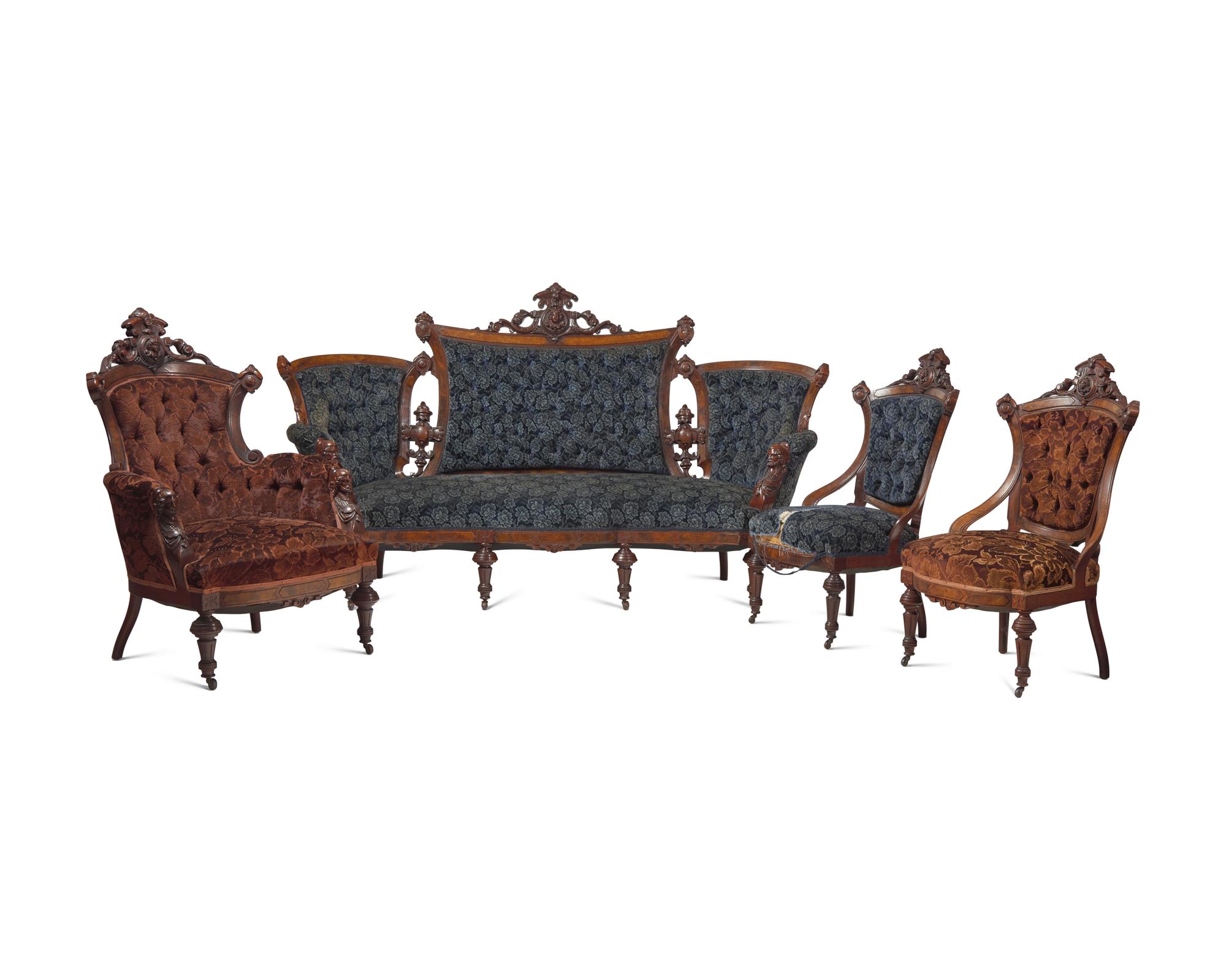 A Four-Piece Renaissance-Revival Carved Walnut And Burl-Walnut Veneered Parlor Suite