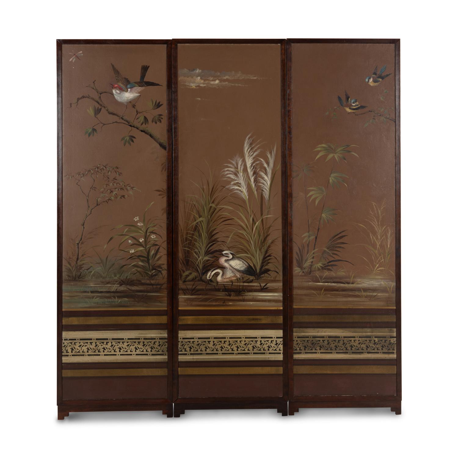 A Painted Canvas Three-Panel Floor Screen