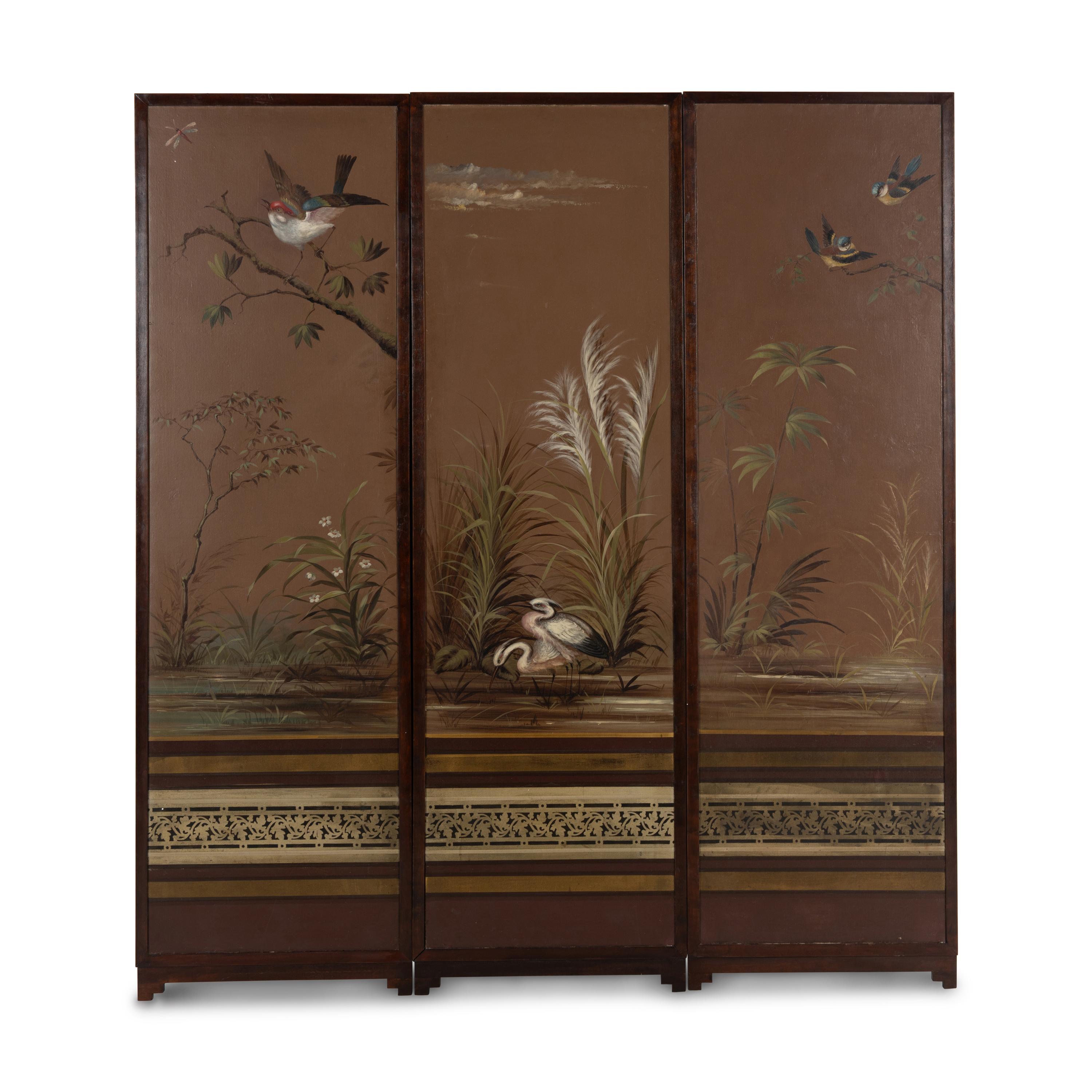 A Painted Canvas Three-Panel Floor Screen