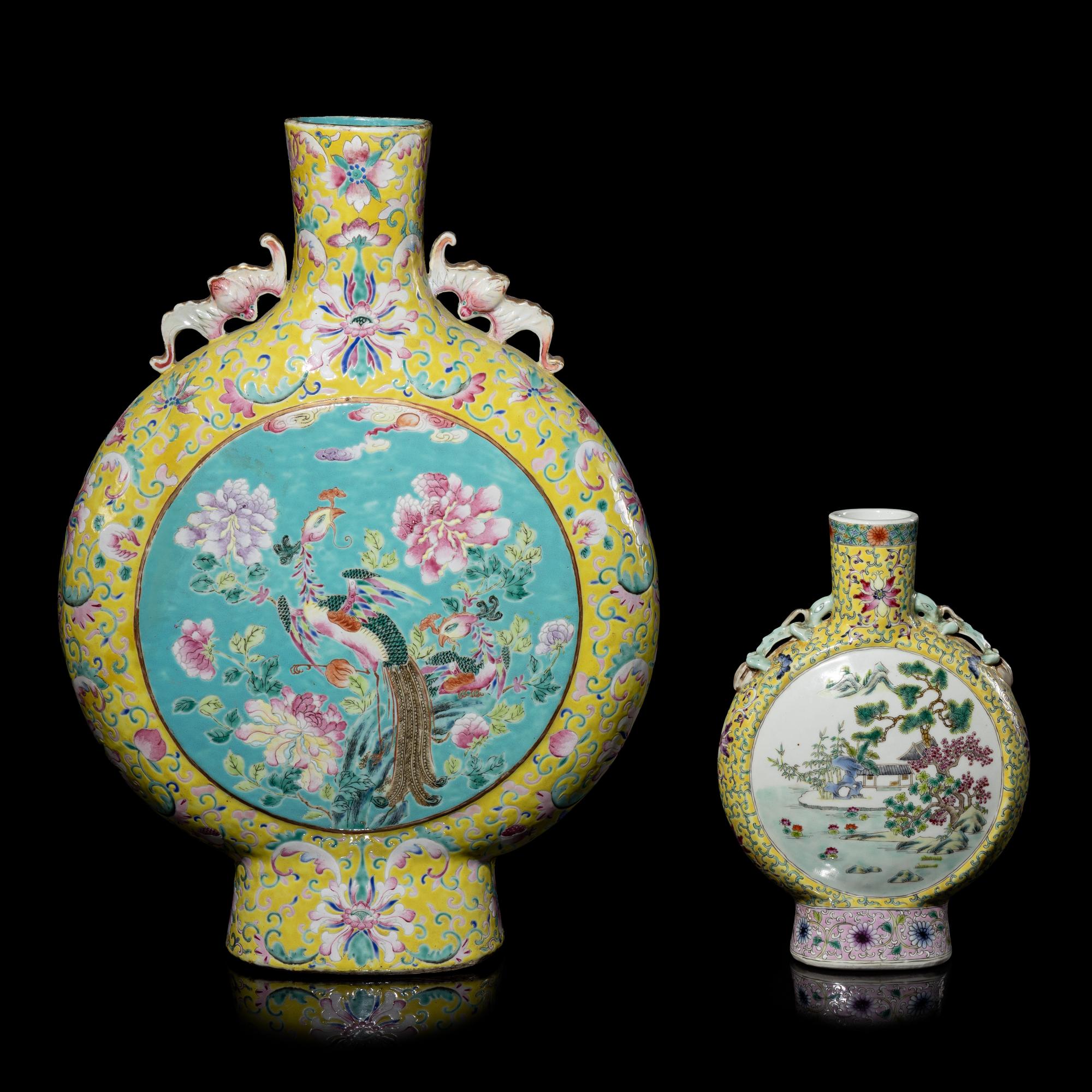 Two Chinese Famille Jaune Porcelain Moon Flasks, 20th Century 近代 黃地粉彩抱月瓶兩件