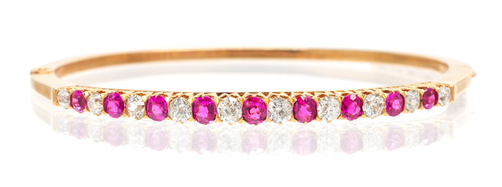 A Rose Gold, Ruby and Diamond Bangle Bracelet, Circa 1900, 8.40 dwts.
