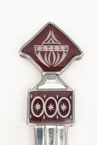 A Set of Three Mirrored, Red Glass and Brass Two-Light Sconces