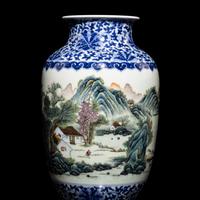 A Pair of Chinese Underglazed Blue and Famille Rose Porcelain 'Landscape' Vases, 20th Century — 近代 青花粉彩山水圖瓶一對