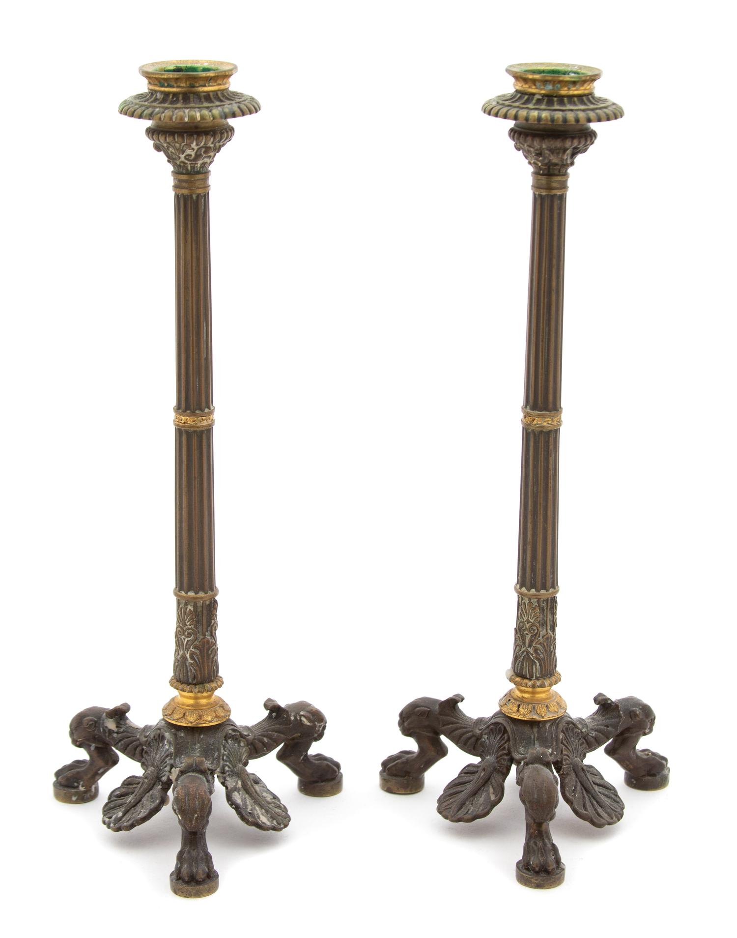 A Pair of Louis XVI Style Bronze Candlesticks Height 10 1/2 inches. — 19TH CENTURY