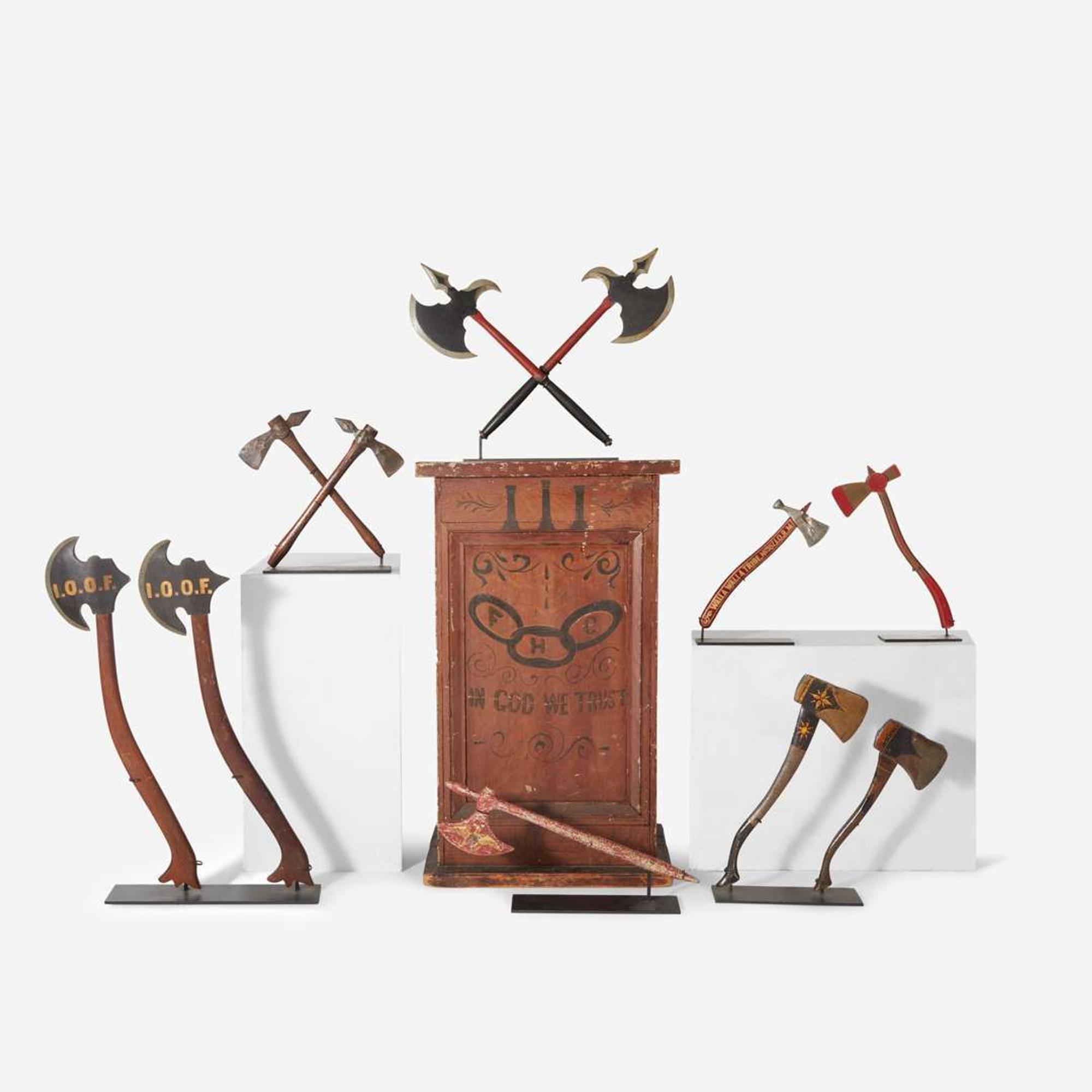 A collection of Fraternal parade and ceremonial axes and podium 19th / early 20th century