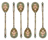 A Set of Six Russian Silver-Gilt and Enamel Demitasse Spoons, Mark likely of Mikhail Sokolov, Moscow, 19th century, each having a light