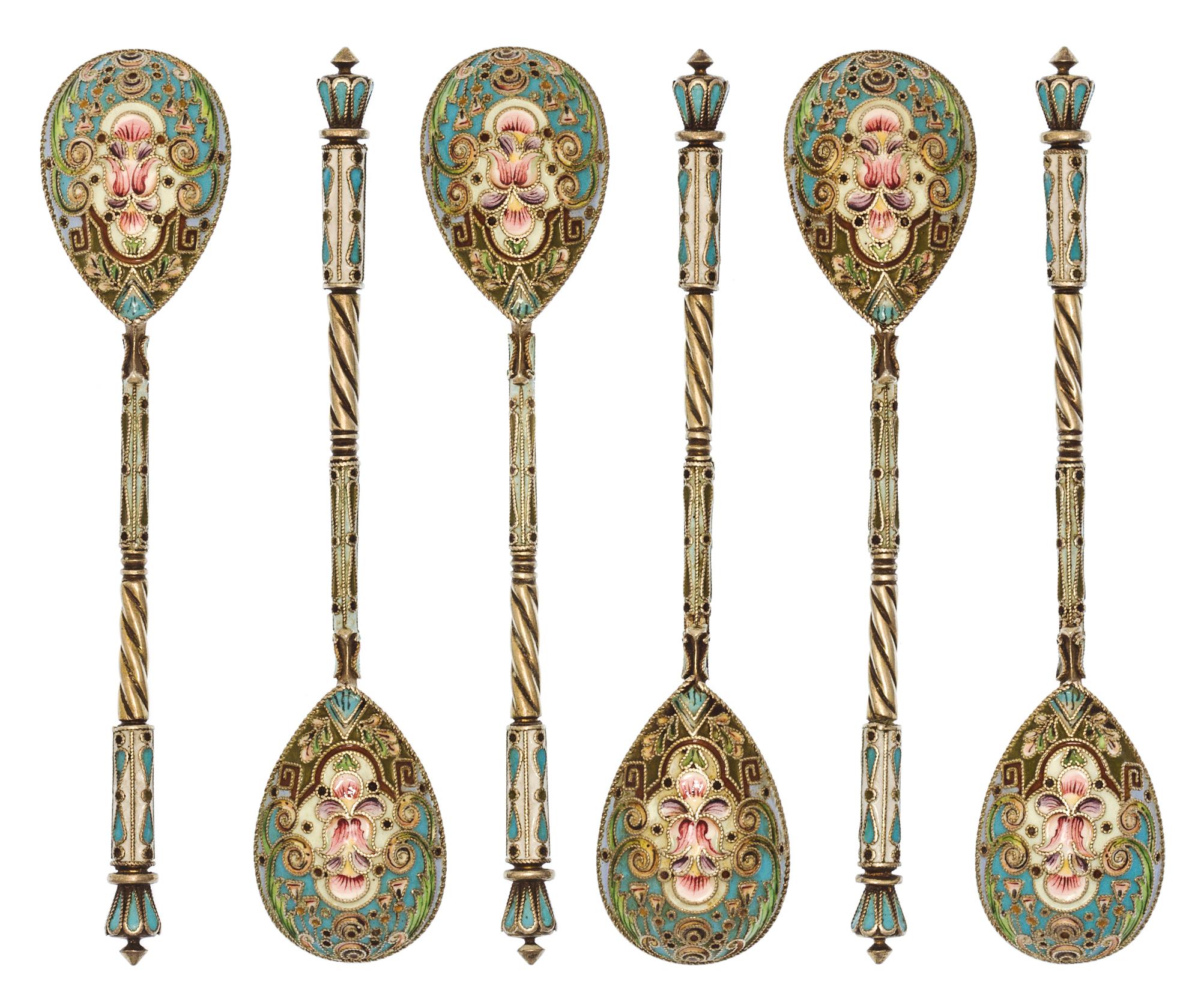 A Set of Six Russian Silver-Gilt and Enamel Demitasse Spoons, Mark likely of Mikhail Sokolov, Moscow, 19th century, each having a light