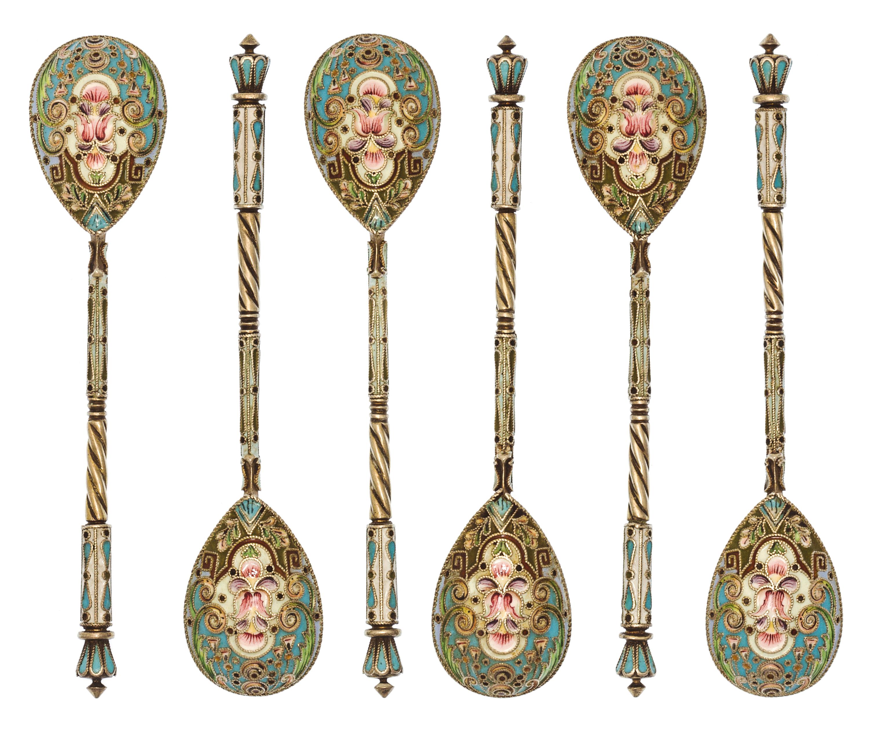 A Set of Six Russian Silver-Gilt and Enamel Demitasse Spoons, Mark likely of Mikhail Sokolov, Moscow, 19th century, each having a light
