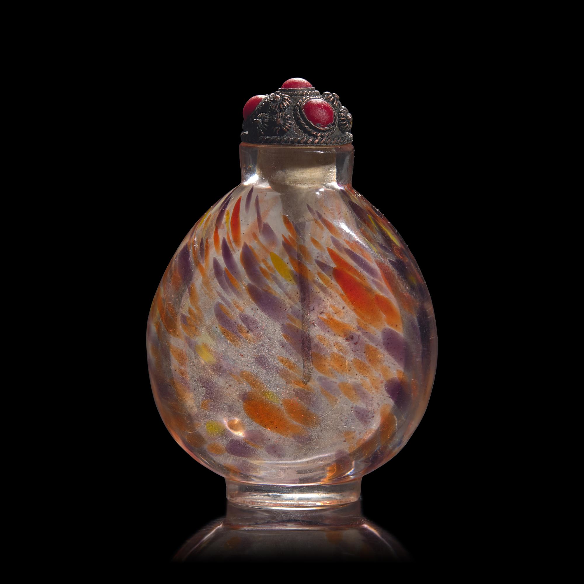 A Chinese Scarlet, Yellow and Aubergine Swirled Glass Snuff Bottle