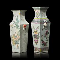 Two Chinese Famille Rose Porcelain Square Vases 粉彩四方瓶兩件