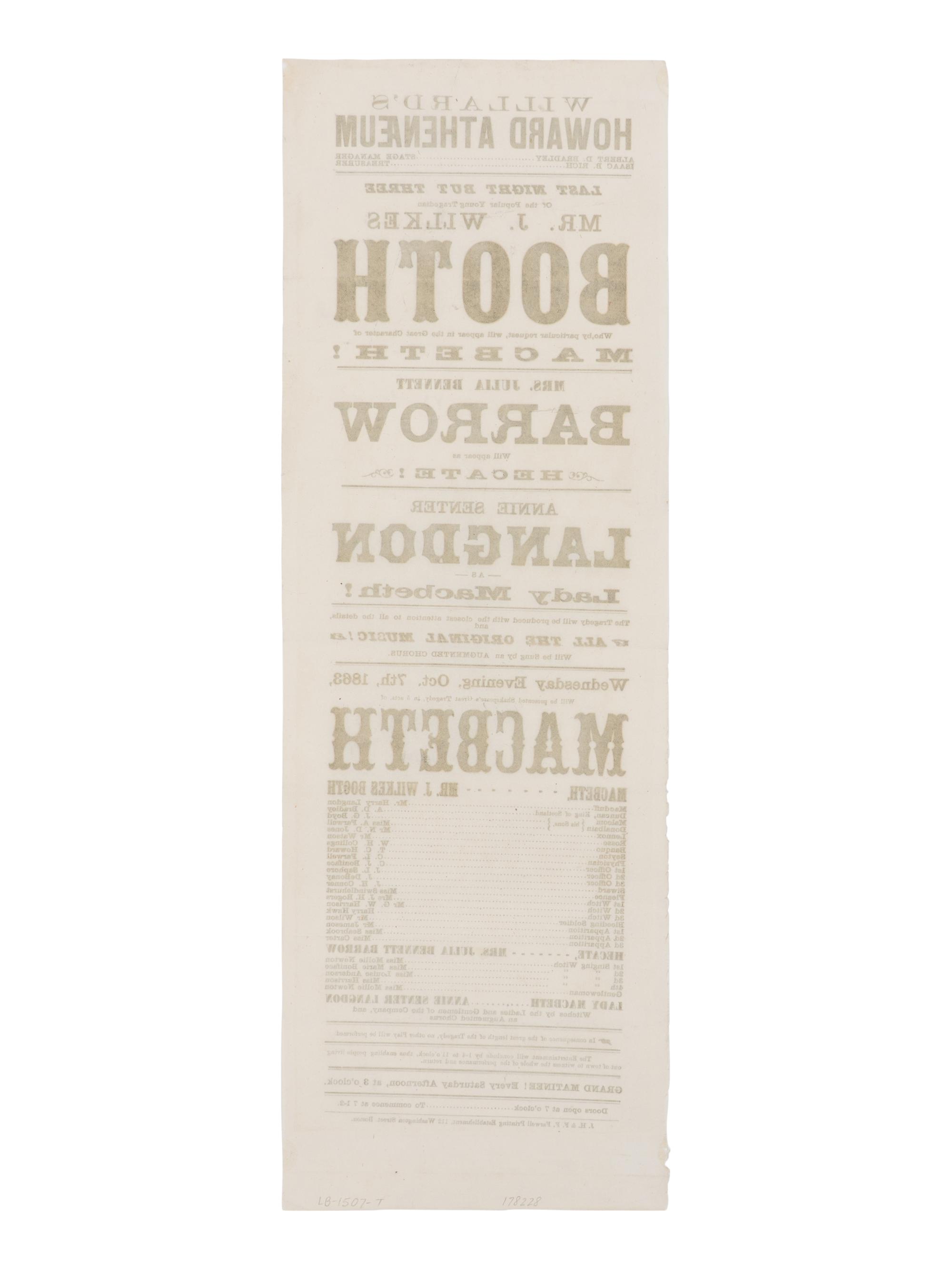 [BOOTH, John Wilkes (1838-1865)]. A broadside playbill for Booth's performance in the title role of Macbeth at the Howard Athenæum. Boston, 7 October 1863.