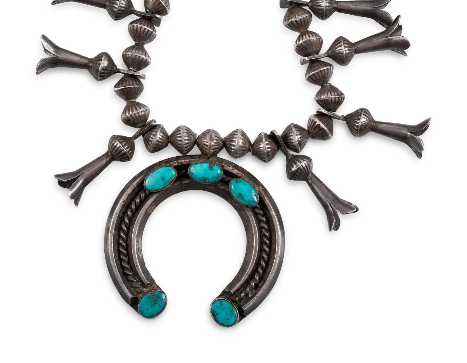 Navajo Silver and Turquoise Squash Blossom Necklace