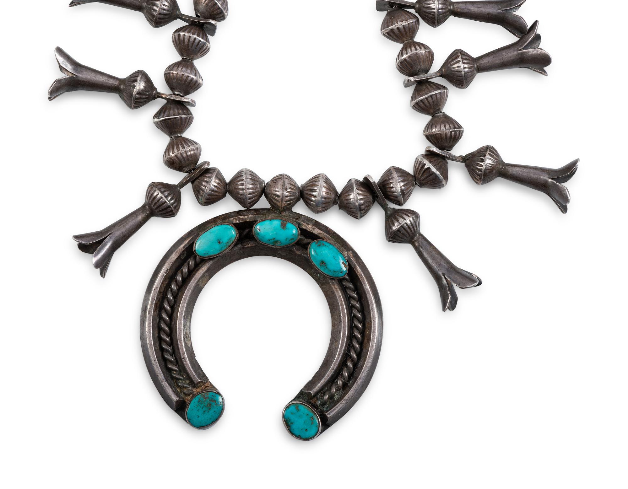 Navajo Silver and Turquoise Squash Blossom Necklace