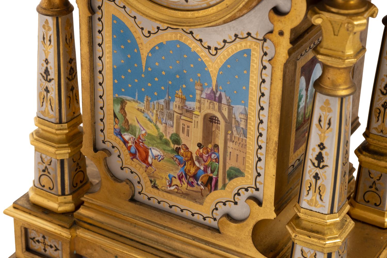 A French Gilt Bronze and Painted Porcelain Clock Garniture