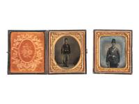 [CIVIL WAR]. Sixth plate tintype and ruby ambrotype of Union soldiers armed with muskets with bayonets.