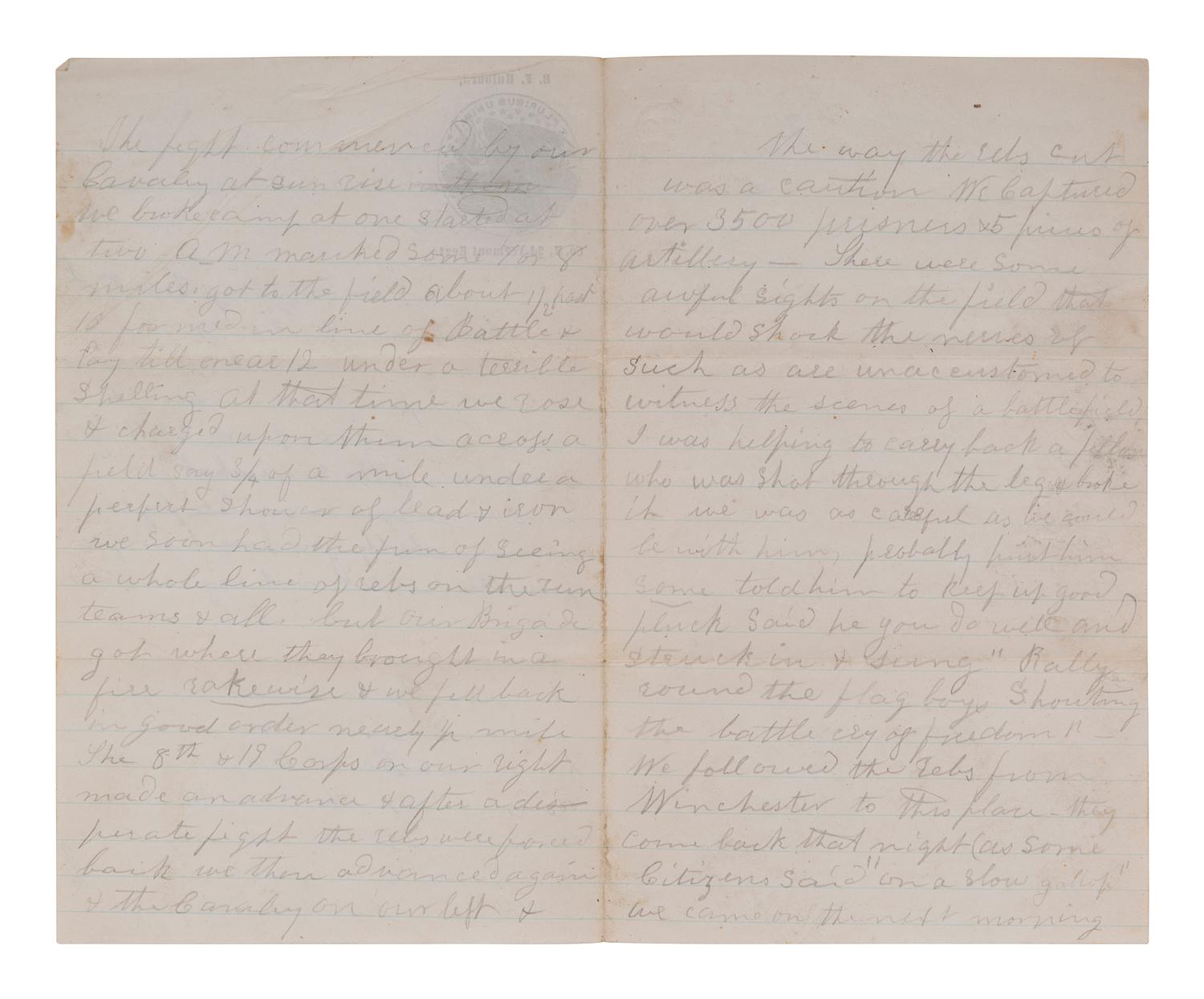 [CIVIL WAR]. Letter from Private Benjamin F. Hulbard, Co. H, Vermont 2nd Infantry, describing the Third Battle of Winchester. "Near Strasburgh," 21 September [1864].