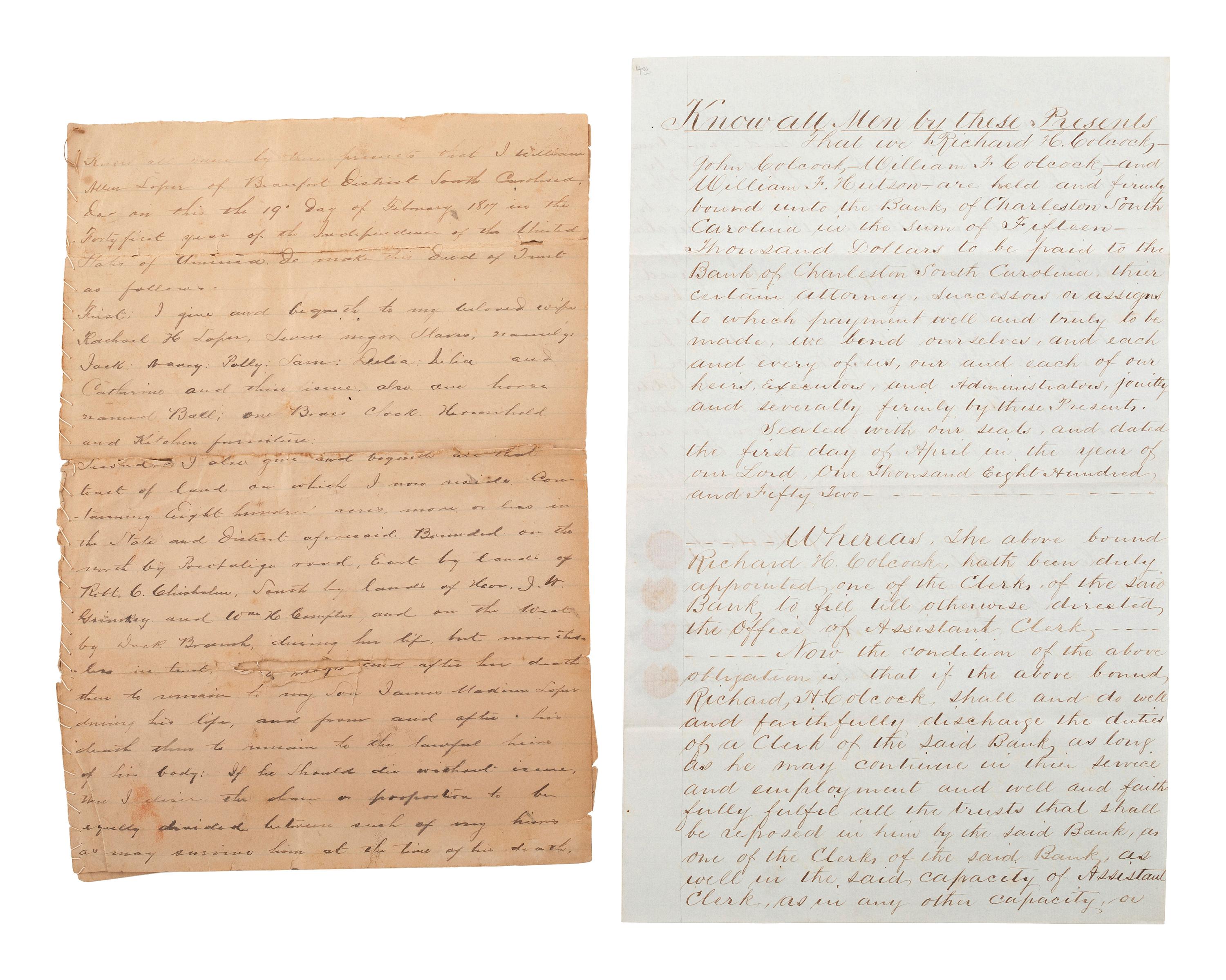 [SLAVERY & ABOLITION]. Manuscript deed of trust bequeathing seven enslaved men, women, and their children. Beaufort District, SC, 19 February 1817.
