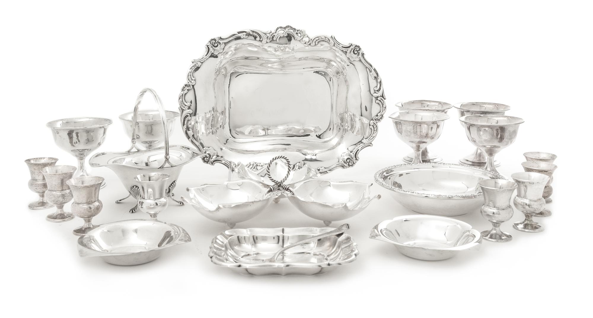 Collection of American Silver Table Articles, Various Makers, comprising a cake dish, serving tray, sugar basket, candy dish, five nut