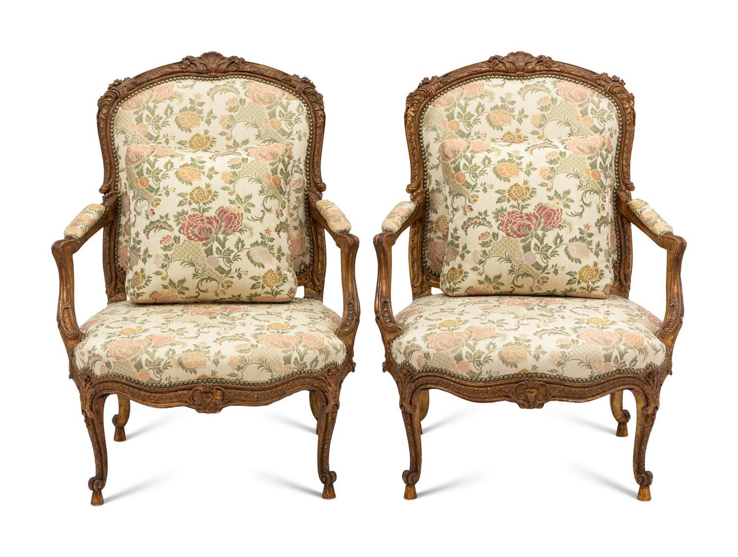 A Pair of Italian Rococo Style Giltwood Fauteuils