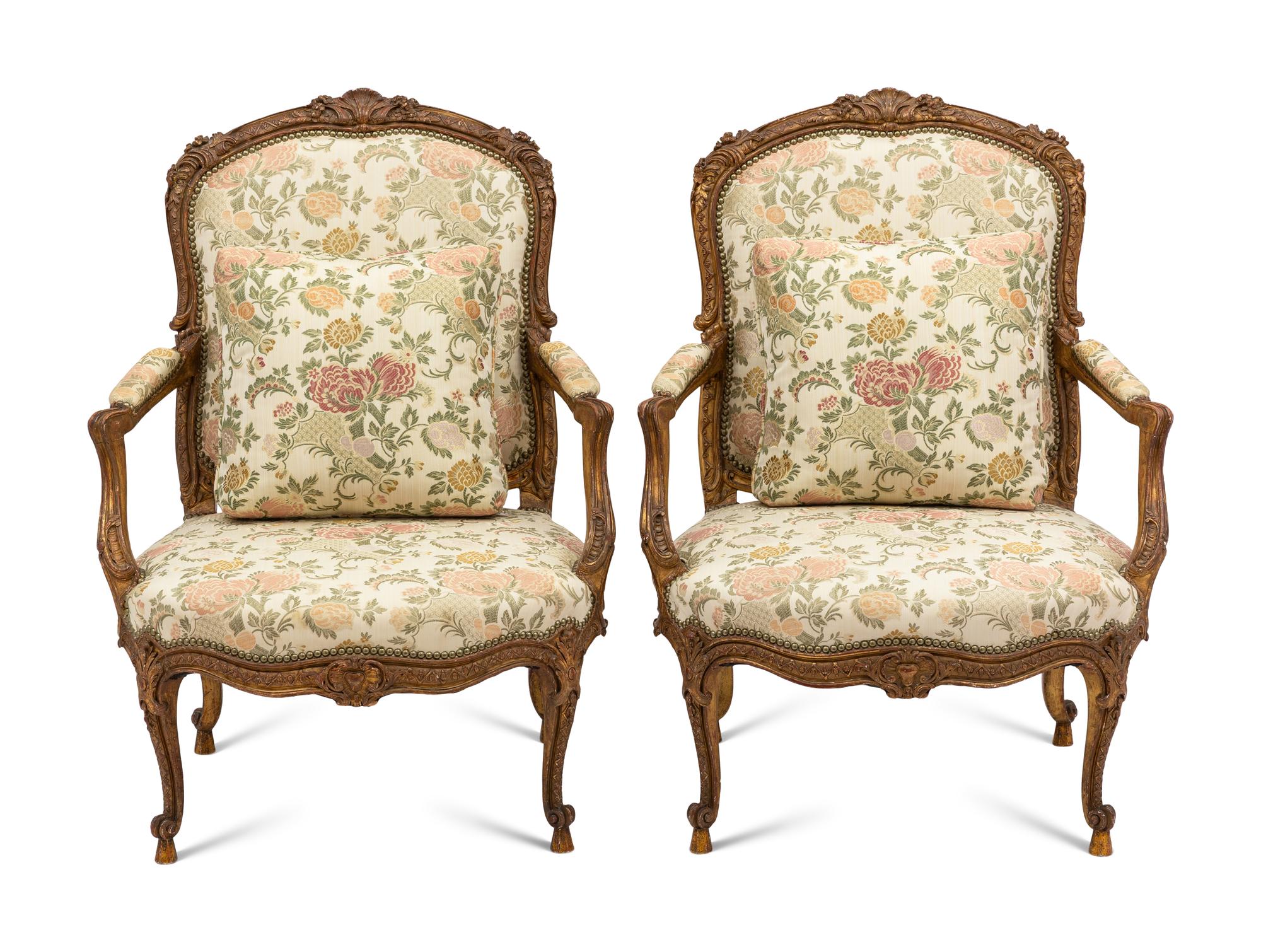 A Pair of Italian Rococo Style Giltwood Fauteuils