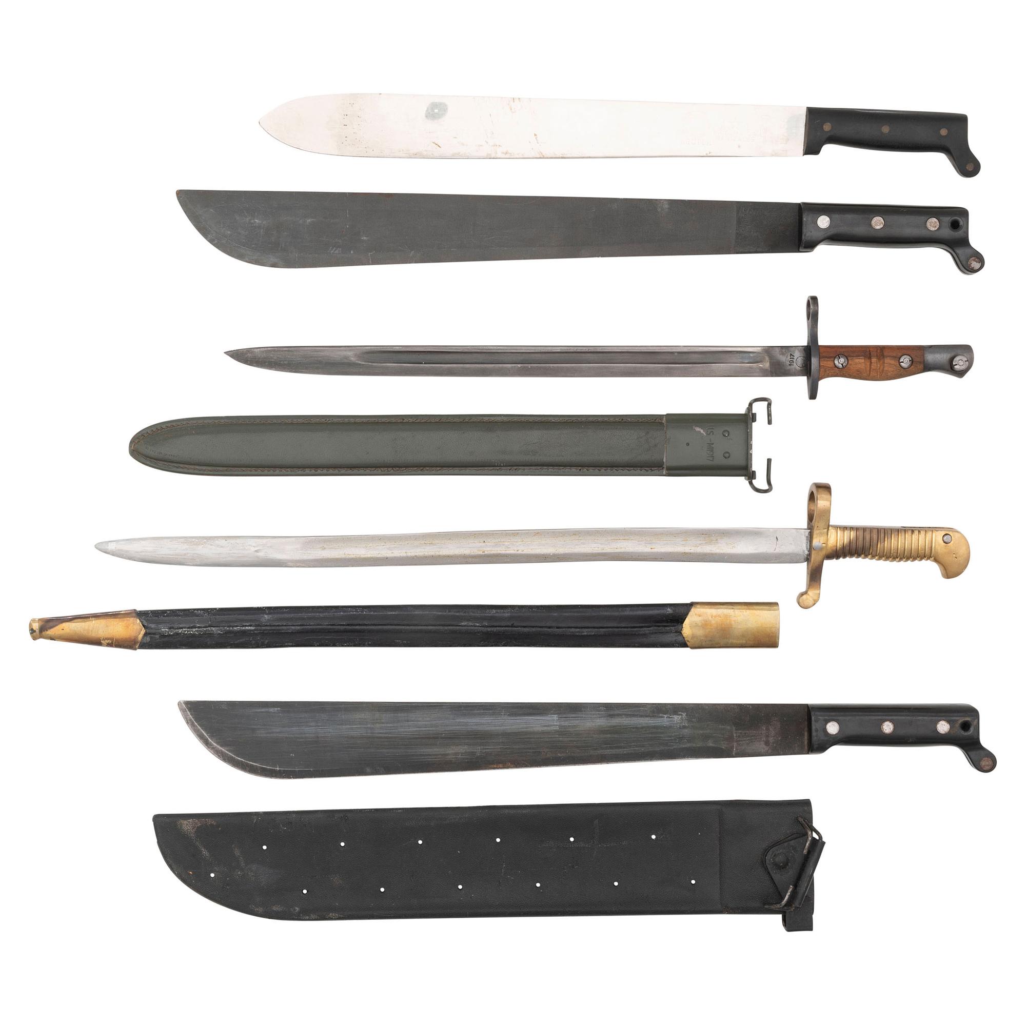 Lot of Assorted Military Machetes and Reproduction Bayonets
